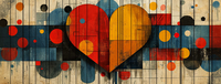 Colorful heart illustration on a textured background with red, blue, and yellow dots.