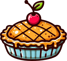 Cartoon cherry pie with golden crust and cherry on top