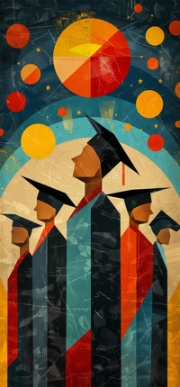 Graduates in caps and gowns with colorful background