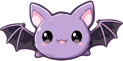 A cartoon illustration of a purple bat with large eyes and outstretched wings.