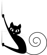 Black cat silhouette climbing a rope with spiraling tail.