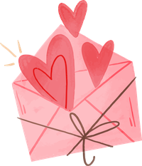 A pink envelope with hearts and a ribbon