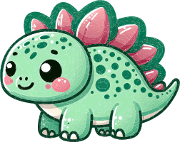A cartoon stegosaurus with green body, pink spikes, and a smiling face