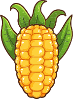 Illustration of a yellow ear of corn with green leaves