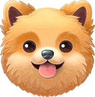 A cartoon Pomeranian dog face with a smiling expression