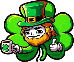 Cartoon leprechaun with green hat and beard holding a shamrock coffee mug and giving a thumbs up