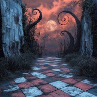 A surreal, eerie scene featuring a red and white checkered pathway leading through overgrown vegetation towards a full moon.