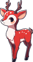 A cartoon deer with red fur, white spots, and large eyes stands against a black background.