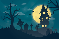 Illustration of a haunted house on a hill with gravestones and bare trees under a full moon