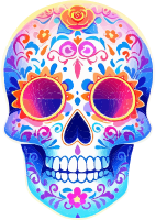 A stylized sugar skull with vibrant floral and swirling patterns