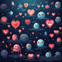 Digital artwork with smiling creatures and hearts