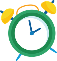 A cartoon green alarm clock with yellow bells and blue clock hands