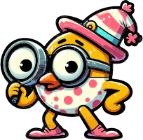 Cartoon chick in hat and glasses holding magnifying glass