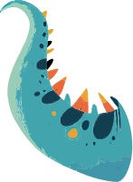 A cartoon dinosaur jaw with sharp orange and yellow teeth