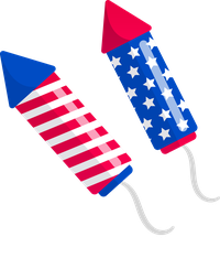 Two cartoon fireworks with American flag patterns