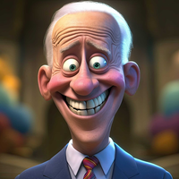 A cartoon character with a wide smile and exaggerated features, dressed in a blue suit.