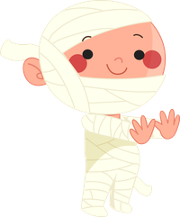 A smiling cartoon mummy character wrapped in bandages
