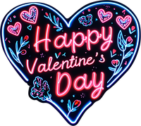 Neon heart with 'Happy Valentine's Day' text surrounded by flowers and hearts