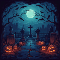A spooky Halloween graveyard scene with carved pumpkins and a cross under a full moon