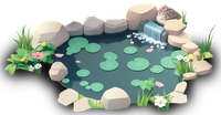 A small pond with lily pads and a waterfall, surrounded by rocks and plants.