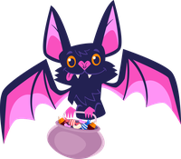 A cartoon bat with pink wings and ears sitting on a bowl of candy.