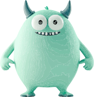 A friendly green monster with big eyes and small horns