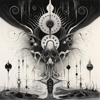 Surrealist digital artwork with abstract shapes and symbols