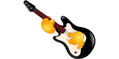 Black and white electric guitar being played by two hands against a black background