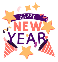 Happy New Year graphic with colorful stars and party horns.