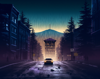 A car drives down a wet street with tall buildings and trees on either side, a pagoda in the distance, and a misty mountain behind it.