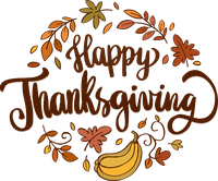 Happy Thanksgiving text surrounded by autumn leaves and a banana