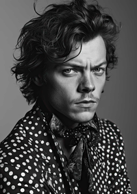 Black and white portrait of a man with curly hair and a serious expression, wearing a shirt with white polka dots and a patterned necktie.