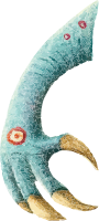 A blue creature's claw with sharp talons and red circular markings