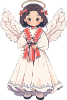 Cartoon angel with white wings and red ribbon
