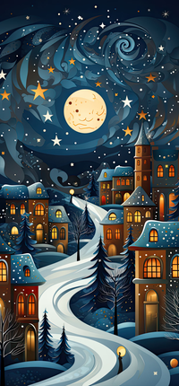 Illustration of a snowy village at night with a large moon and stars