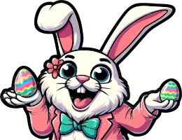 Cartoon Easter bunny with pink jacket and green bow tie holding colorful Easter eggs