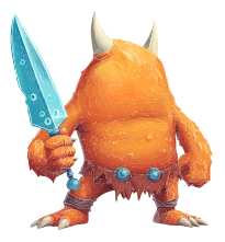 An orange troll with sharp teeth and claws holding a blue sword
