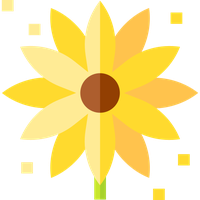 A yellow flower with a brown center and green stem, surrounded by small yellow squares.