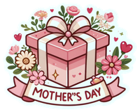 A pink gift box with a ribbon and flowers, celebrating Mother's Day