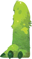 A cartoon worm with a green, textured body and a playful expression.