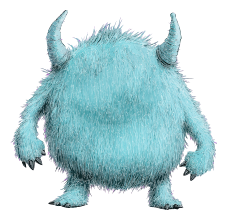 A blue furry monster with two horns on its head