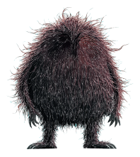 A dark, furry creature with blue glowing edges on a black background