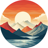 Illustration of a mountain range at sunset with a body of water in the foreground