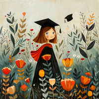Illustration of a young woman in graduation attire walking through a field of flowers