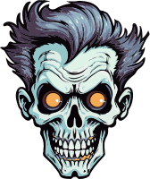 A cartoon skull with orange eyes and a menacing grin.