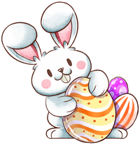 Cartoon Easter bunny holding an orange and yellow egg