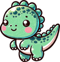 A smiling green cartoon dinosaur with pink cheeks and dark green spots