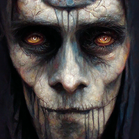 Close-up of a mysterious, aged face with orange eyes and dark attire