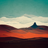 A stylized desert landscape with a large mountain peak in the distance.