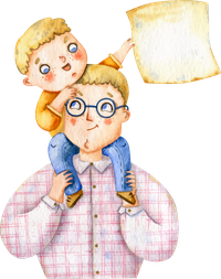 A cartoon drawing of a man with glasses and a pink checkered shirt holding a smiling child on his shoulders.